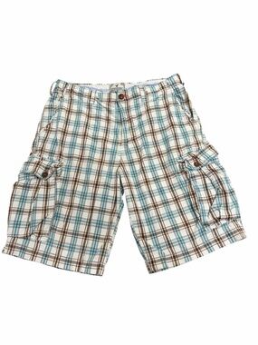 American Eagle Men’s Plaid Cargo Shorts in White, Blue & Brown